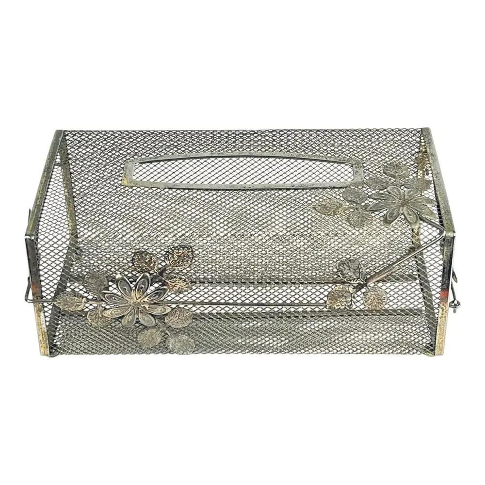Metal Tissue Box Cover Ball Knob Feet Gold Floral Detail Mcm Mesh Long Box Vtg